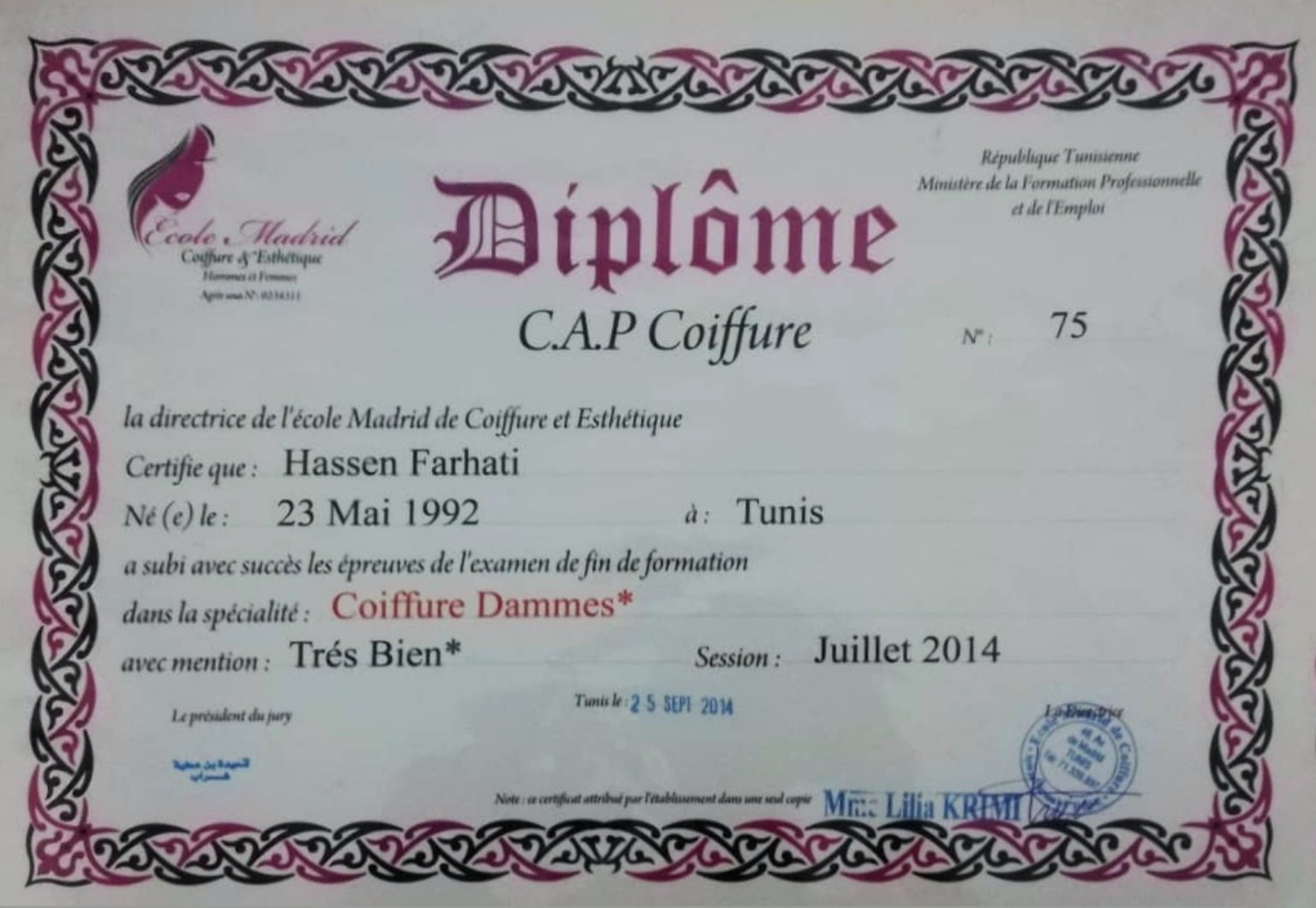 Diplôme de Hassen Farhati en C.A.P Coiffure